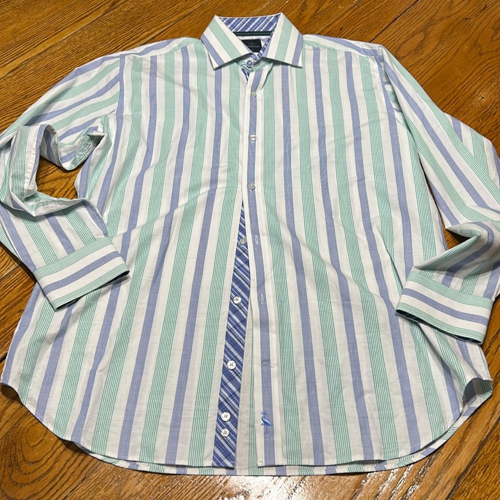 Tailorbyrd Collection blue/green striped long sleeve men’s shirt. Size Large